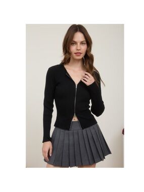Black Ribbed Zip-Front Long Sleeve Top